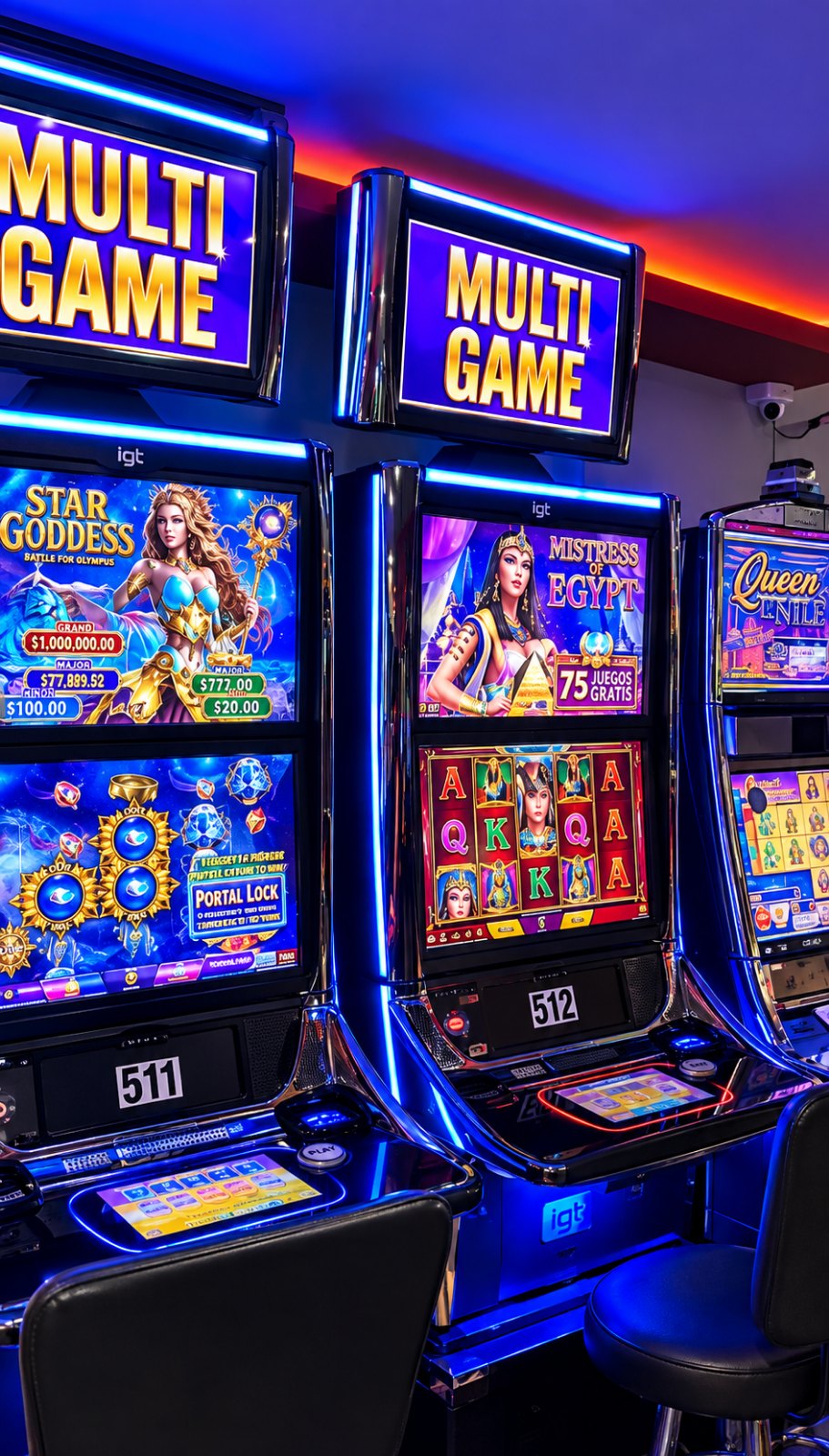 Fila de máquinas electrónicas Multi Game encendidas en una de nuestras salas