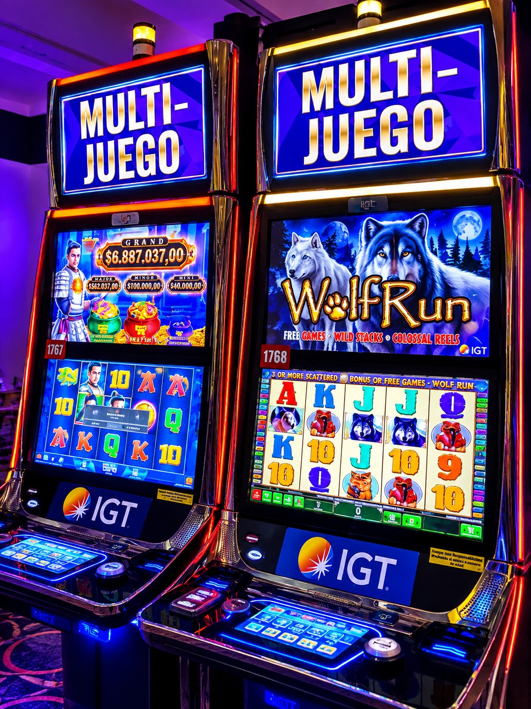 Dos máquinas electrónicas Multi-Juego encendidas con sus acumulados en pantalla