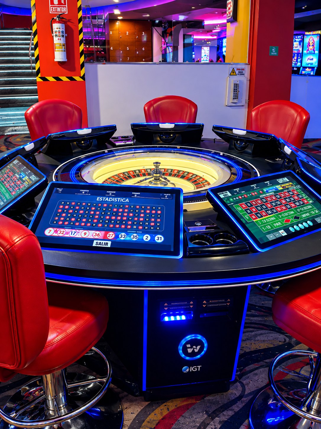 Ruleta electrónica con sus pantallas táctiles de apuestas y sillas rojas alrededor