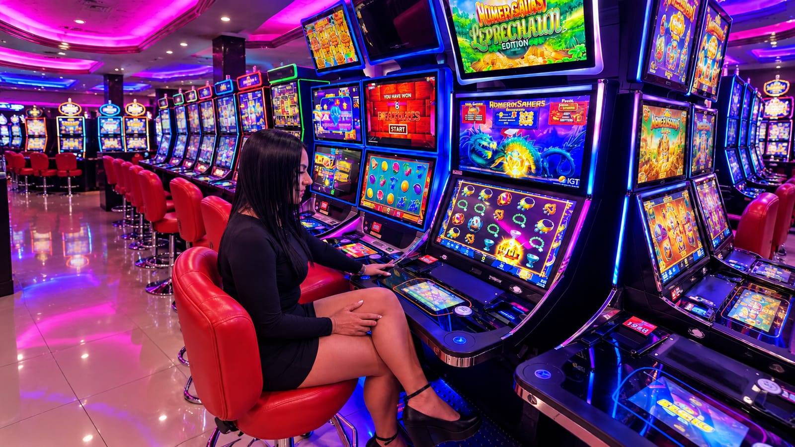 Mujer jugando en una máquina electrónica en una sala con filas de máquinas encendidas