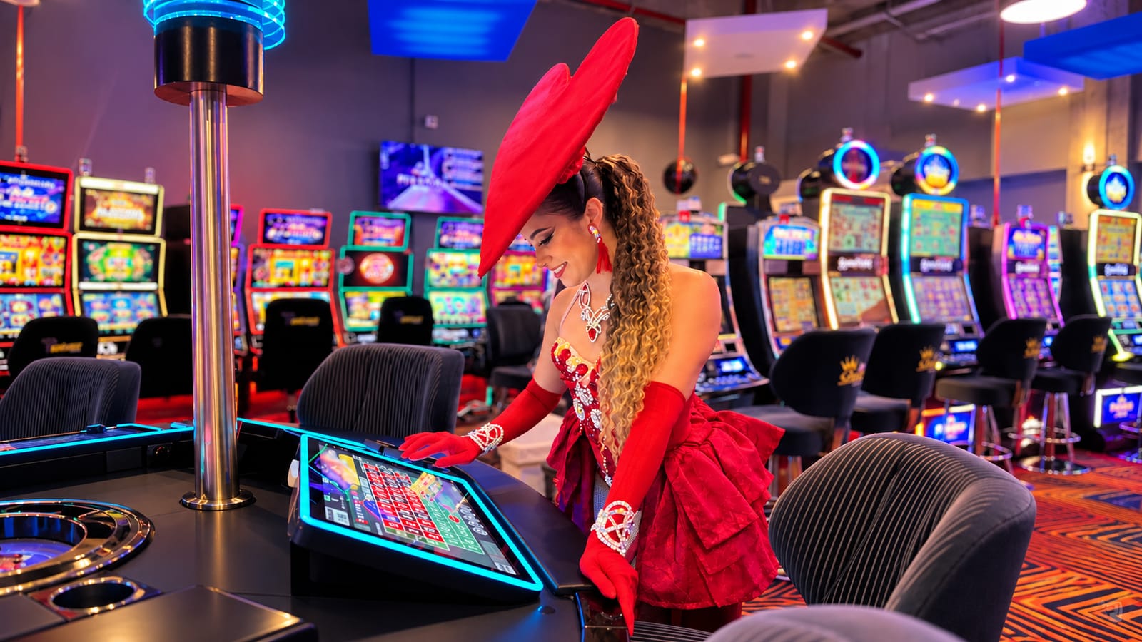 Mujer con traje rojo y sombrero de corazón jugando en la pantalla táctil de una ruleta electrónica
